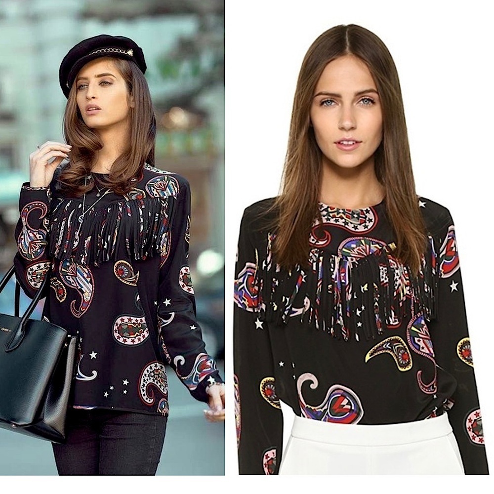 MSGM‎ Silk Graphic Paisley Star Print Long Sleeve Fringe Trim Yoke Western Top M